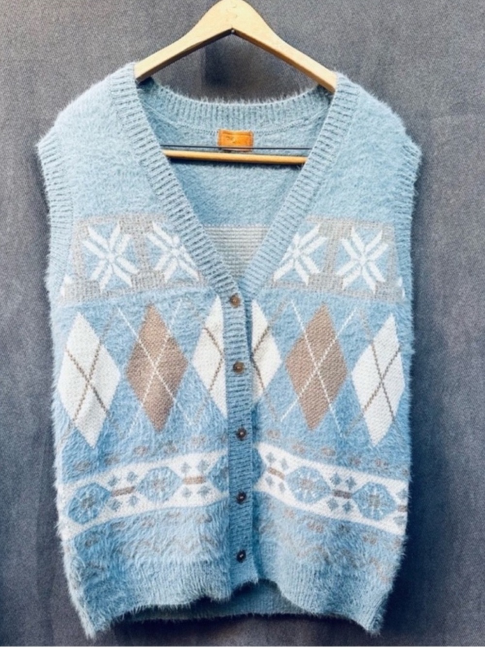 Argyle Fair Isle shaggy sweater vest women’s small blue academia geek POL